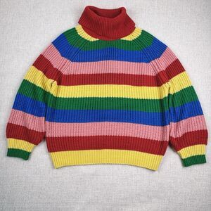 Rainbow Striped Sweater Womens Small Turtleneck Thick Knit Bright Puffy Sleeves